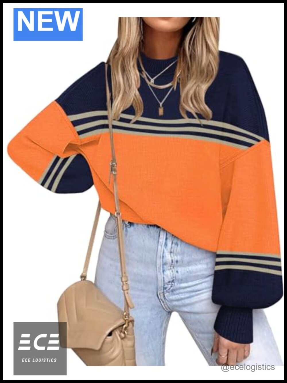 Womens Oversized Striped Knit Sweater Long Sleeve Crewneck Pullover